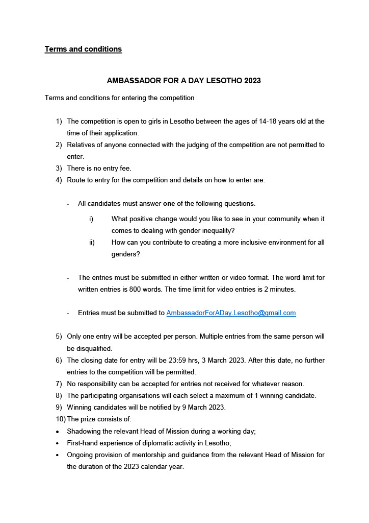 EUinLesotho's tweet photo. 📣 COMPETITION

Do you want to shadow an Ambassador in Lesotho 🇱🇸  For a Day? Look no further!

For girls aged 14-18 in Lesotho, you could join Ambassadors of 🇪🇺 🇬🇧 🇨🇳 🇿🇦 🇺🇸 🇺🇳

Enter by telling us what difference you would make to your community.

⏳Submit by 3 March.
Details👇 https://t.co/7AMenghbK9