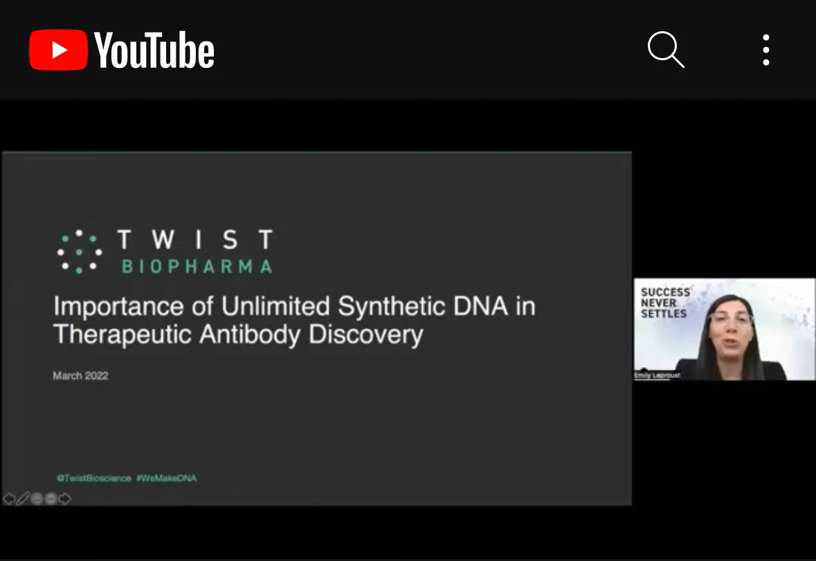 TwistBioscience's tweet photo. How we’re #WritingTheFuture of antibody discovery! Save 20 min to watch @EmilyLeproust discuss how #TwistBiopharma  makes #antibodydiscovery magic happen. 
Watch 📺—> https://t.co/bCwtIf5zrm https://t.co/lXeLKWGAyq