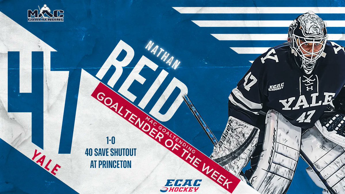 Second win ✅ 
Second shutout ✅ 

<a href="/YaleMHockey/">Yale Men's Hockey</a>'s Nathan Reid is <a href="/MACGoaltending/">Bryan McDonald</a> Goaltender of the Week!