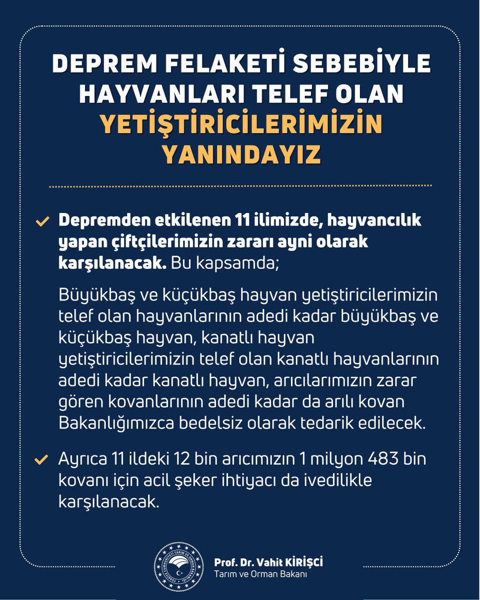Depremden etkilenen 11 ilimizde hayvanları telef olan çiftçilerimizin zararını Bakanlığımızca AYNİ olarak karşılayacağız.

Eli öpülesi çiftçilerimizin her daim yanlarında olduk, bundan sonra da yanlarında olmaya devam edeceğiz.