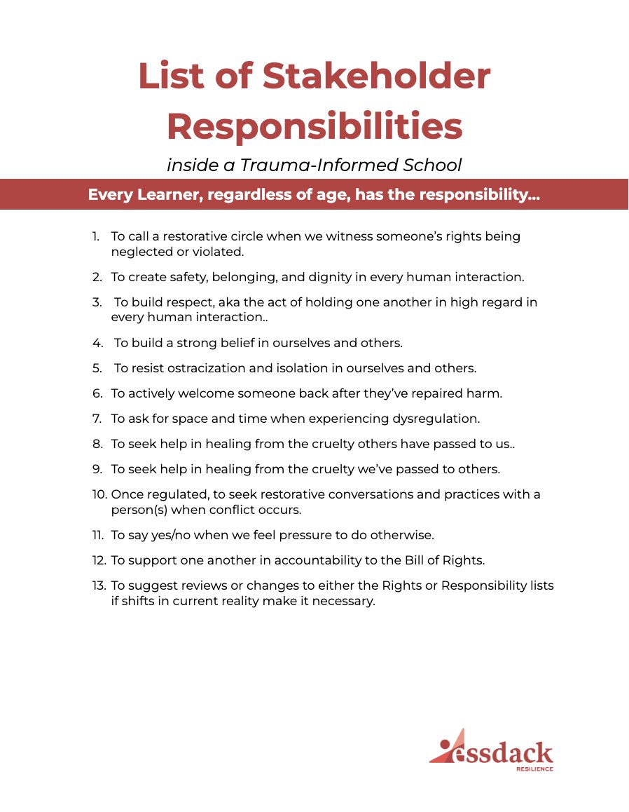 Bill of Rights and Stakeholder Responsibilities in a Trauma Informed School What's missing? What needs tweaked? #tss2023atn #traumainformed @essdack