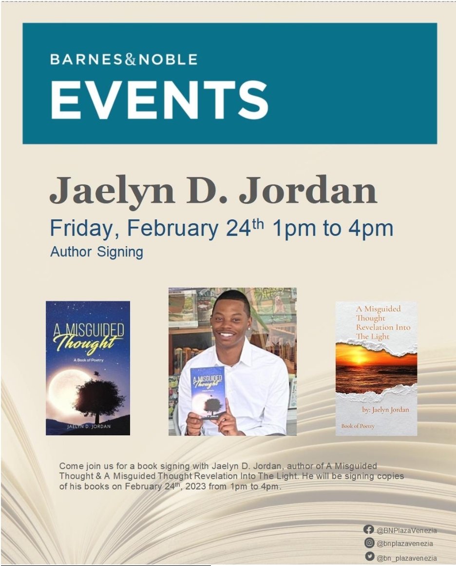 We are so excited to welcome author Jaelyn D Jordan on February 24th from 1pm to 4pm, as he signs copies of his poetry books for you! We can't wait to see you there! 

#bnplazavenezia #bn #bnvolved #drphillips #bnbuzz #author #poetry #poetrycommunity #poetrylovers #authorevent
