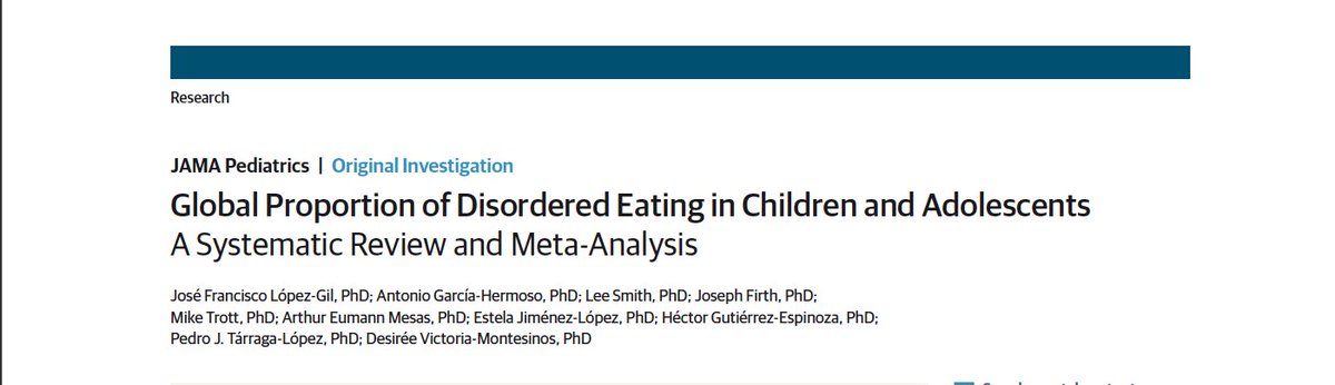 Our meta-analysis finds that 2 in 10 children and adolescents have disordered eating. Girls, older individuals and those with higher body mass index are more likely to report disordered eating. Prevention is key.

<a href="/JAMAPediatrics/">JAMA Pediatrics</a> (Impact Factor: 26.8).

jamanetwork.com/journals/jamap…