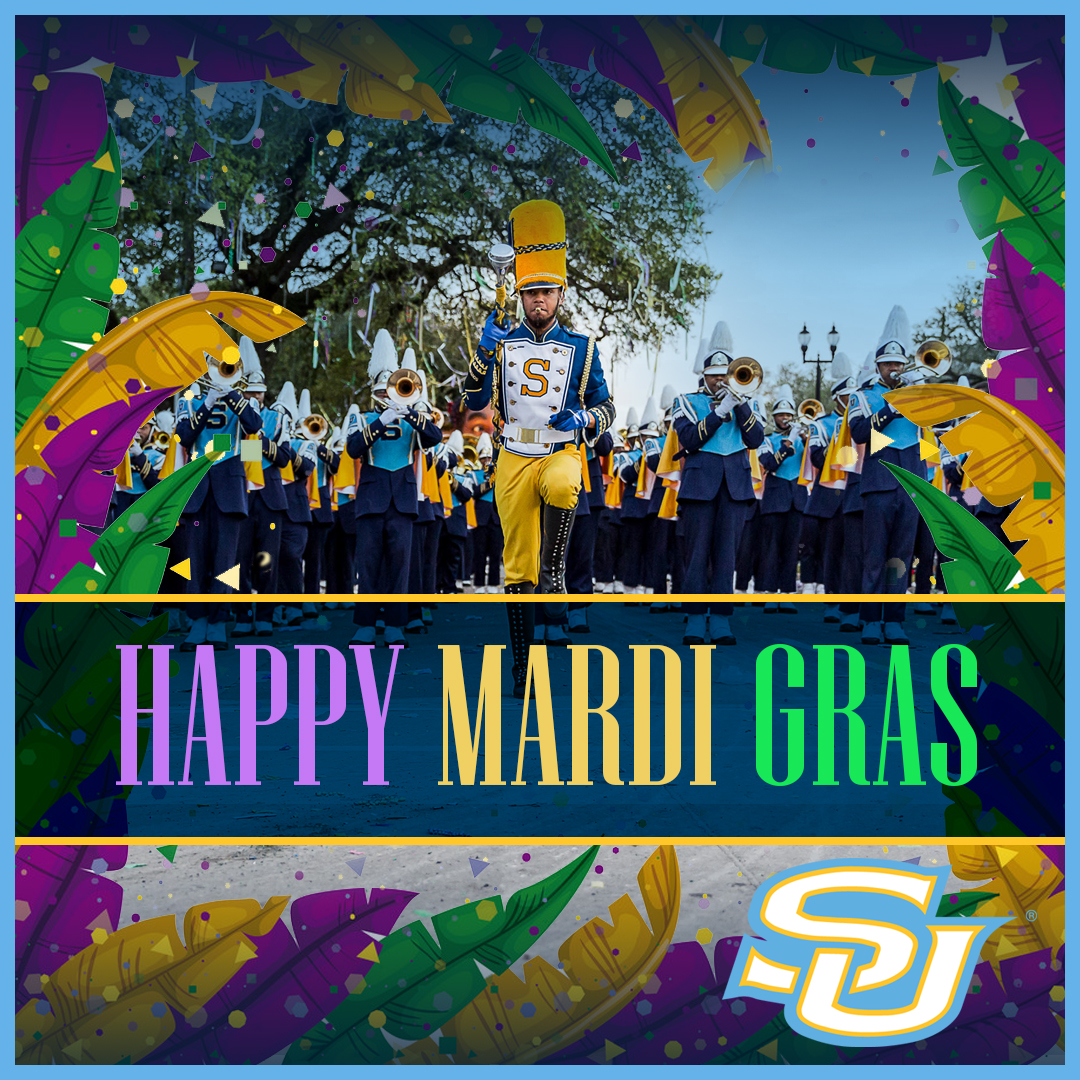 Happy Mardi Gras from Southern University! Campus will be closed Monday, February 20 and Tuesday, February 21. Normal operations will resume Wednesday, February 22. Be safe and laissez les bons temps rouler!💜 💛 💚  #WeAreSouthern #HBCU #MardiGras