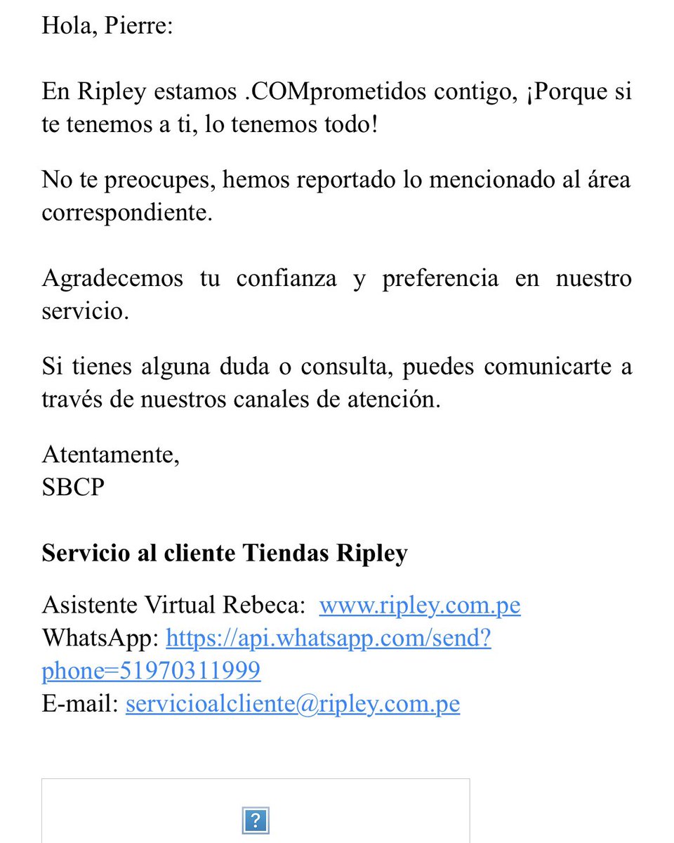 pierreberastain's tweet photo. @RipleyenPeru No entiendo su proceso del servicio al cliente. Me dijeron que me iban a llamar y me siguen enviando mensajes que no tienen sentido. Hasta ahora no resuelven el problema. https://t.co/fSZdqVK5sW