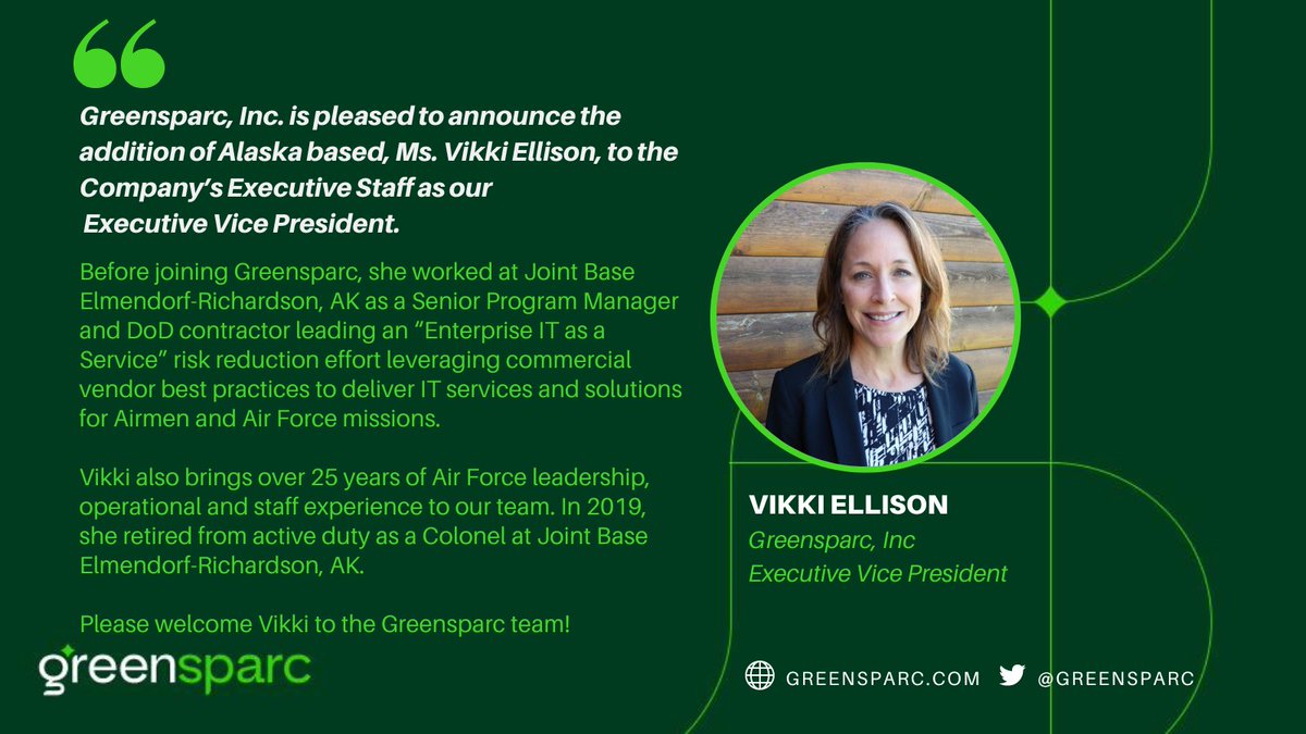 greensparc's tweet photo. We are excited to announce the addition of Alaska based, Ms. Vikki Ellison, to the Company’s Executive Staff as our
 Executive Vice President.  Please help us welcome Vikki to the Greensparc team! #Vikki Ellison, PMP https://t.co/tMICX6xEl8