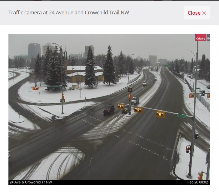 NewsRadioCGY's tweet photo. Main roads are improving this morning with many looking sloppy (top up the washer fluid?), but on and off ramps and less travelled roads are still very slippery. Here is a look at some traffic cameras. Drive carefully if you're heading out. #yyctraffic #660traffic https://t.co/1F5lB8m3CL