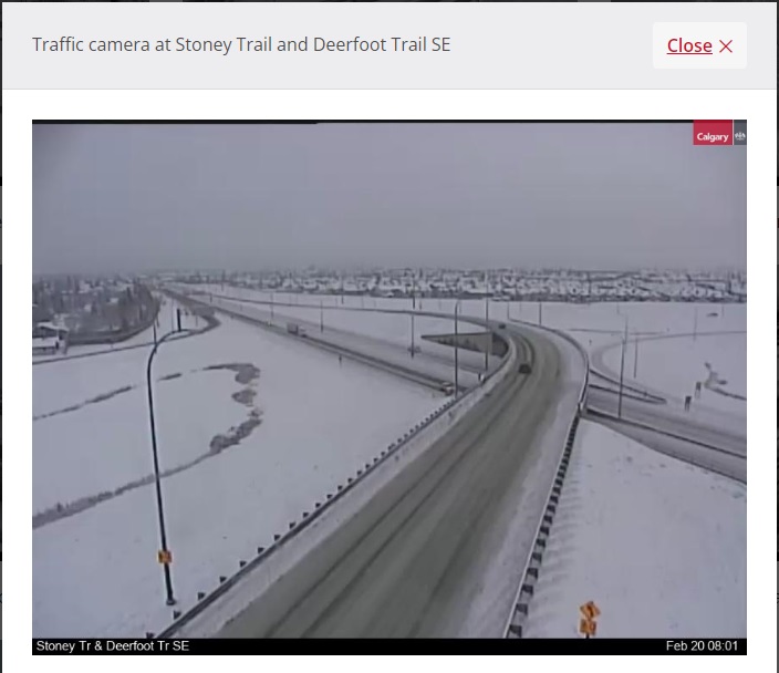 NewsRadioCGY's tweet photo. Main roads are improving this morning with many looking sloppy (top up the washer fluid?), but on and off ramps and less travelled roads are still very slippery. Here is a look at some traffic cameras. Drive carefully if you're heading out. #yyctraffic #660traffic https://t.co/1F5lB8m3CL