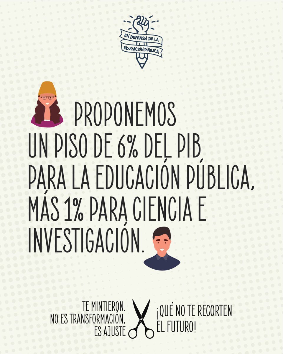 A pesar de la parafernalia propagandística, la gestión de @RobertSilva1971 terminará con un recorte de un 0,6% del PIB educativo, el mayor de la historia y cada vez más lejos de los países referentes en educación que invierten un mínimo de 6%.

#NoEsTransformaciónEsAjuste