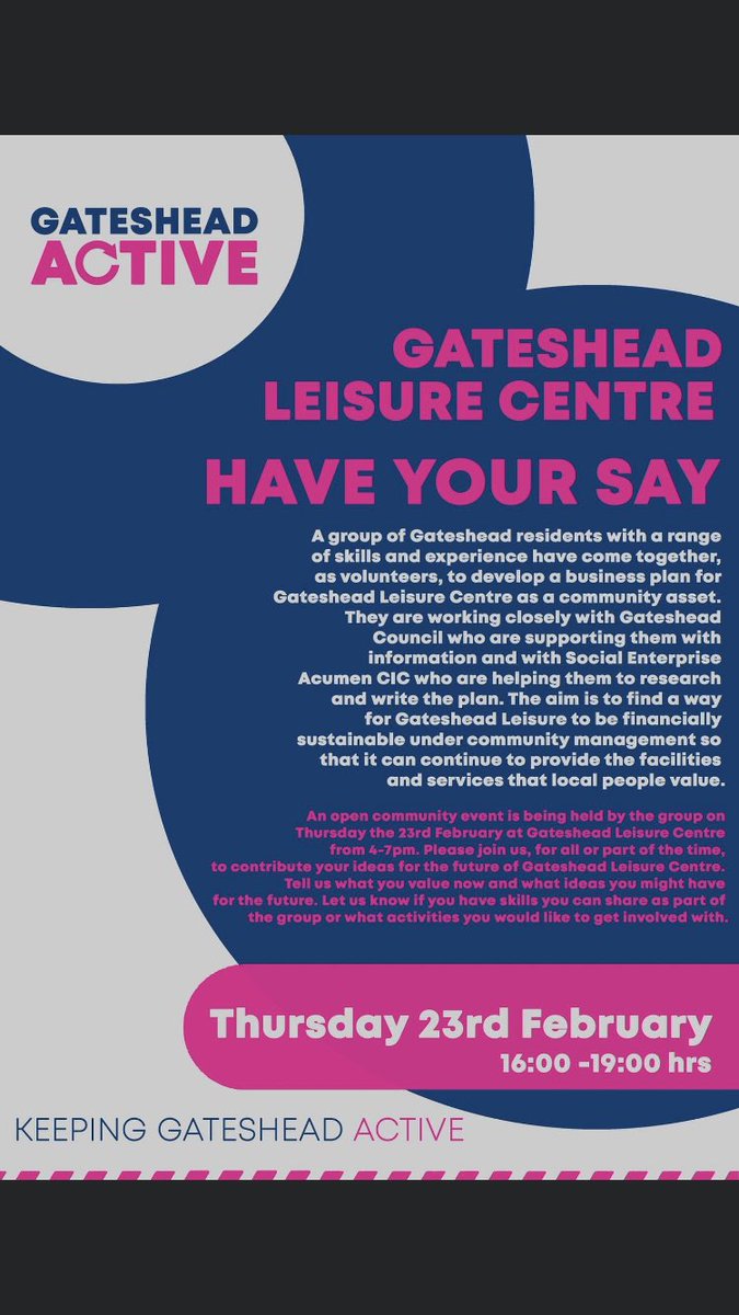 Who is coming along on Thursday? 

Please call in to let the asset transfer group know what you would want from #GatesheadLeisureCentre - this is also your chance to get involved if you would like to 🤩 

#saveleisuregateshead #tyneandwear #lowfell #heedarmy #bensham #Gateshead