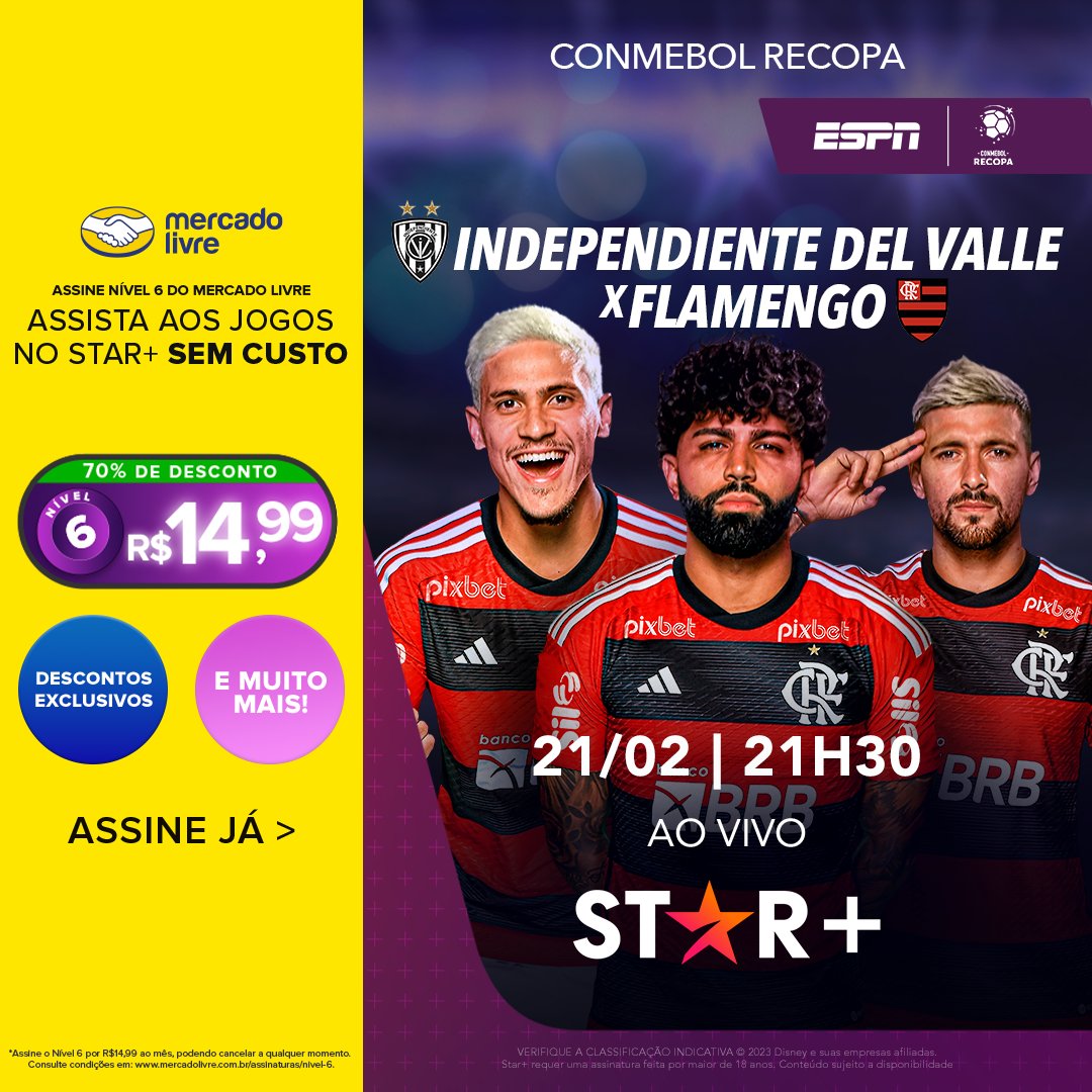 Flamengo's tweet photo. Amanhã tem o primeiro jogo do Mengão pela CONMEBOL Recopa! Para assistir a esse jogão, assine o nível 6 do Mercado Livre e tenha o Star+ sem custo adicional. 
Independiente Del Valle x Flamengo, assista ao vivo no Star+. 
#StarPlusFla @StarPlusBR https://t.co/LSWg1lrHK5