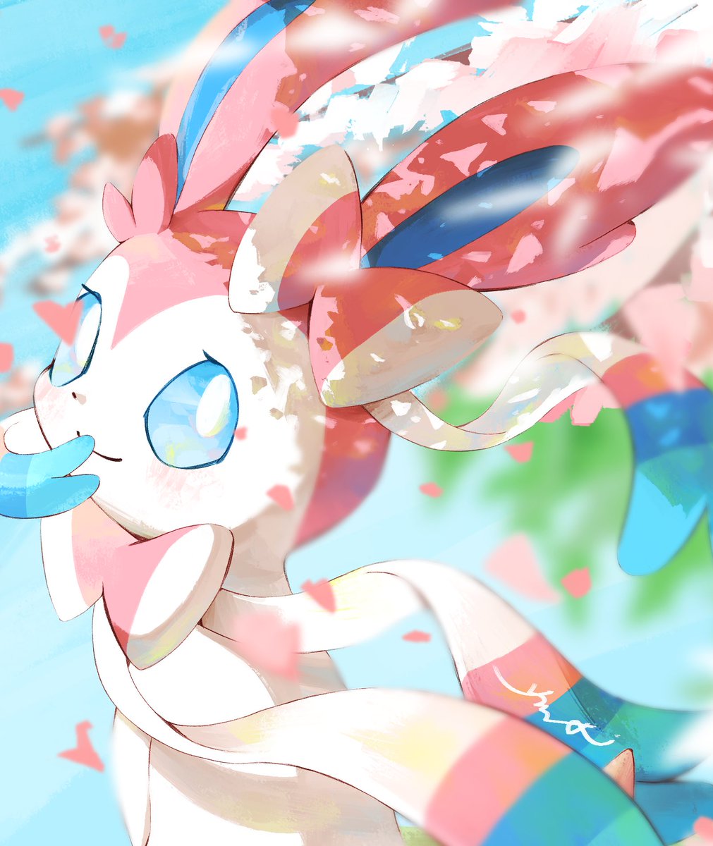 sylveon pokemon (creature) no humans solo blue eyes closed mouth smile outdoors  illustration images