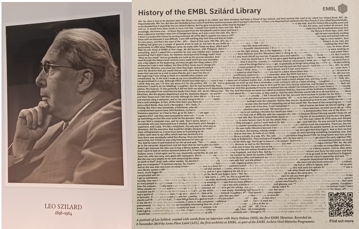 On the left of the picture the traditional portrait of Leo Szilard kept currently by the European Molecular Biology Laboratory - EMBL Szilard Library, and on the right the new creative portrait with Mary Holmes interview, https://archive.embl.org/mary-holmes