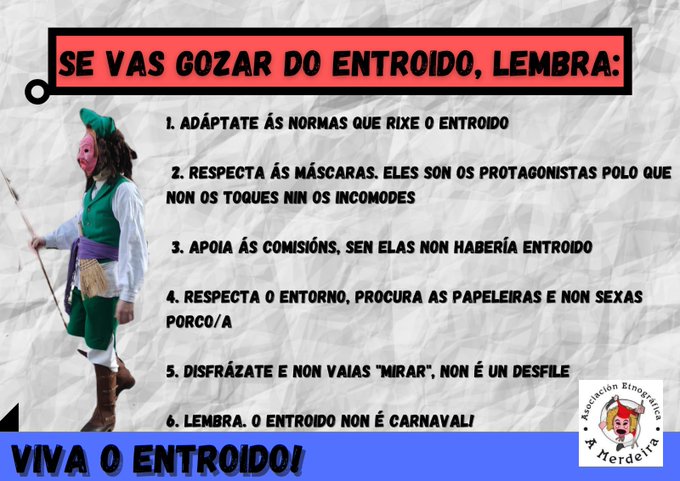 Lembra: se queres gozar mañá da última xornada do #Entroido tradicional en #Vigo respecta ás figuras e segue sempre os seguintes consellos: 🎭😉