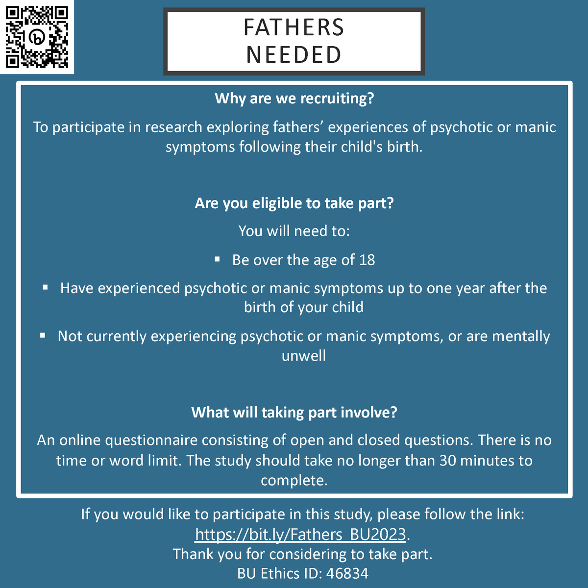 We're looking for fathers who experienced postnatal psychotic or manic thoughts for a <a href="/bournemouthuni/">Bournemouth Uni</a> study with <a href="/PollyHe25/">Polly Pesci</a>. We hope that outcomes can help inform better services and support for fathers
<a href="/ActionOnPP/">Action on Postpartum Psychosis</a> <a href="/MarkWilliamsFMH/">Fathers Reaching Out</a> <a href="/MovemberUK/">Movember UK</a> <a href="/dadmattersuk/">dadmattersuk</a> <a href="/MMHAlliance/">Maternal Mental Health Alliance</a>