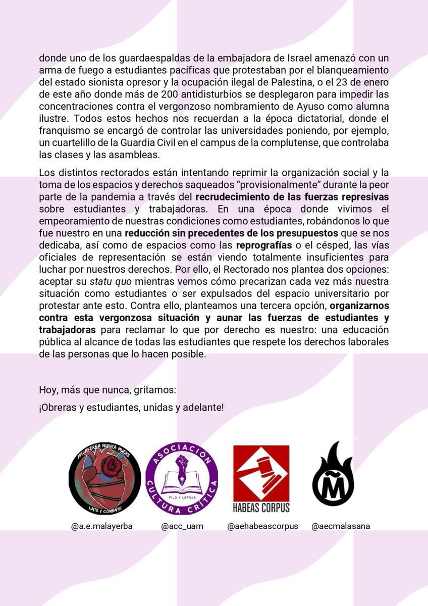 Ante la represión y la violencia institucional y policial frente lo ocurrido el viernes 17 de febrero las asociaciones de estudiantes sacamos este comunicado.
OBRERAS Y ESTUDIANTES UNIDAS Y ADELANTE 🔥🔥🔥