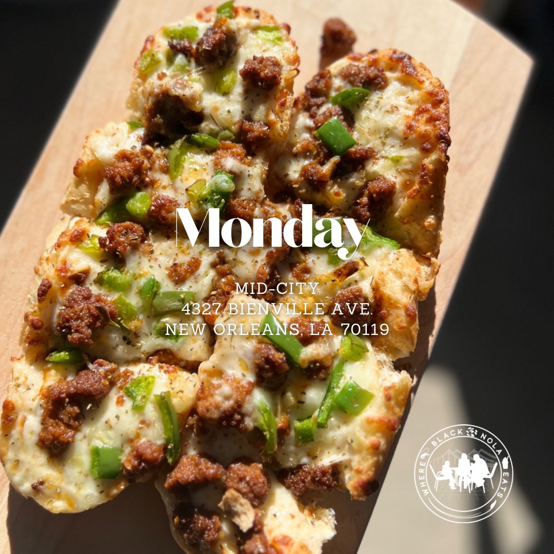 LOVE this new “NOLA Style Pizza” Monday added to their menu. Hot sausage, w all of the grease cooked out, bell peppers, cheese, and idk what else, on French bread 🔥 

TikTok on my last visit: tiktok.com/t/ZTRndyeRH/

#whereblacknolaeats #neworleans #monday