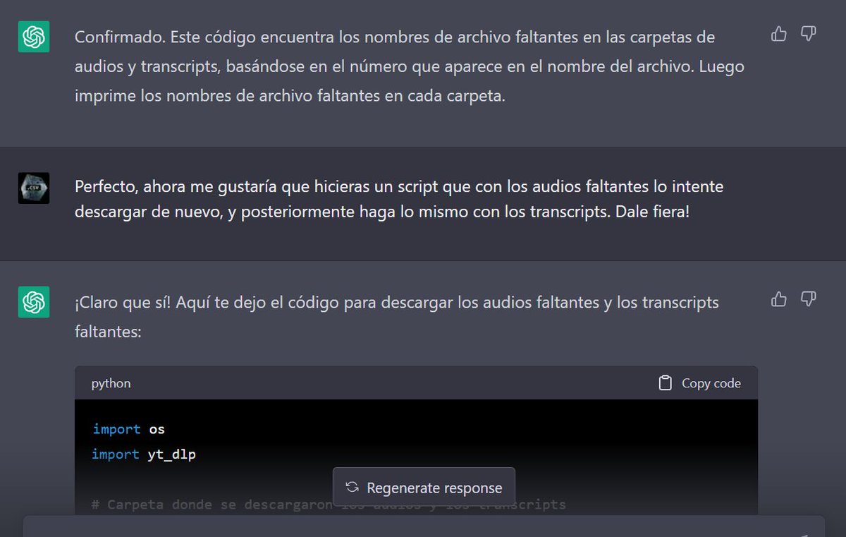 Por si tenéis curiosidad de cómo es programar con ChatGPT. En este caso primero le adjunto el código que ya tengo funcional, para que quede constancia en la conversación y entienda bien el contexto.

Luego es cuestión de hablar, probar el código, e iterar hasta solucionar bugs.