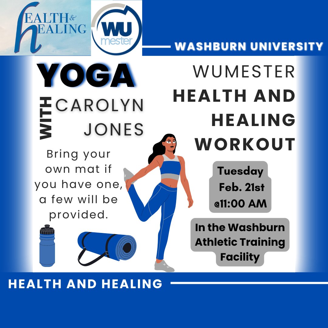 Students, faculty and staff are invited to join a yoga session with Carolyn Jones in the Washburn Athletic Training Facility at 11 a.m. tomorrow, Feb. 21! Make sure to bring your own mat.