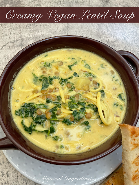 This #creamy #vegan #lentil #soup is a #budgetfriendly #healthy and #flavorful #meal that can be made with the ingredients in your pantry. Added #grainfree #noodles makes it scrumptious. #soupseason #lentilsoup #weeknightdinner #proteinrich  go.shr.lc/419zA2F