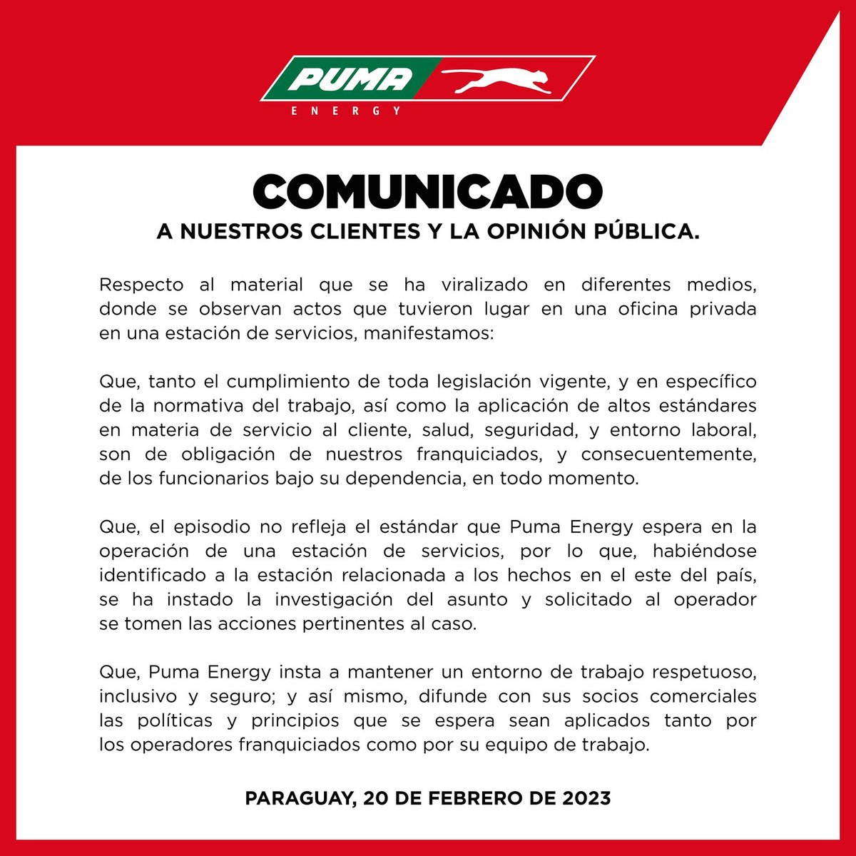 elnacionalpy's tweet photo. CORPORATIVO | 💼

🔹La empresa Puma Energy emite un comunicado respecto de hechos ocurridos en una oficina privada de una estación de servicio y que se viralizaron en redes sociales.

#ElNacional https://t.co/0xCYrS715f