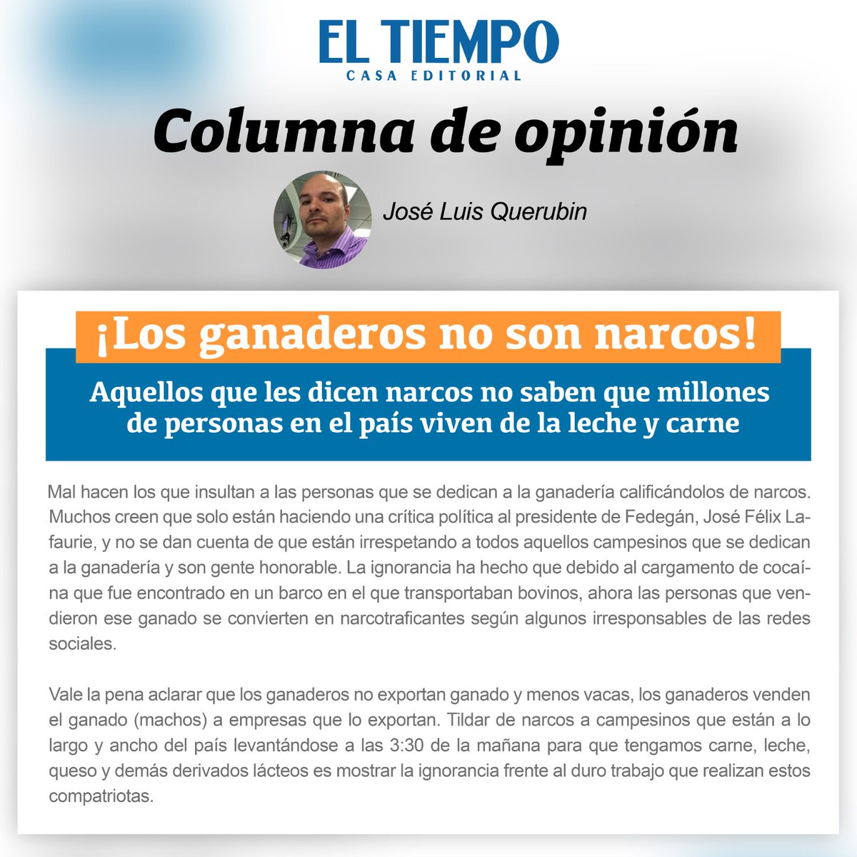 Fedegan's tweet image. 👏 Excelente columna de opinión 🤠

"¡Los ganaderos no son narcos!... y aquellos que les dicen narcos no saben que millones de personas en el país viven de la leche y carne...", José Luis Querubín, periodista @ELTIEMPO @JLQUERUBIN @jflafaurie 

#OrgullosamenteGanaderos