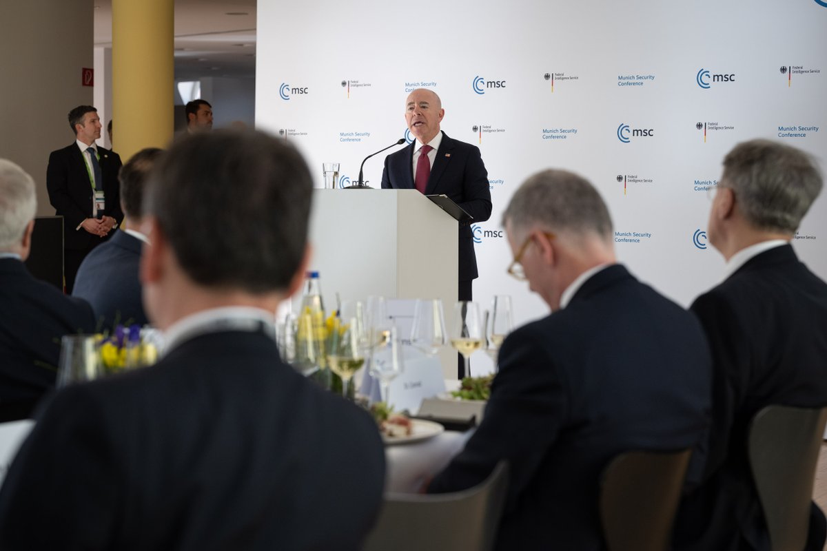 DHSgov's tweet photo. 📍Munich, Germany

@SecMayorkas participated in @MunSecConf &amp; discussed the importance of homeland security to the U.S. broader national security, including its role confronting state-based threats &amp; building whole-of-society approaches to resilience.

https://t.co/wyN84HQ5dZ https://t.co/yyZa1AP30j