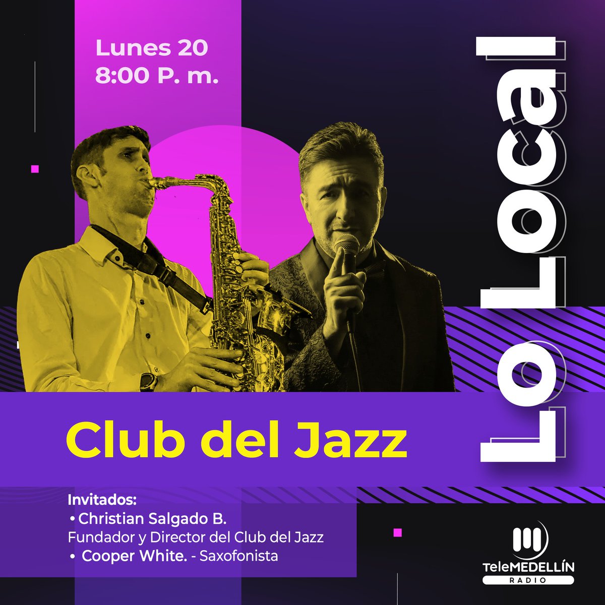 Telemedellin's tweet photo. ¿Sabías que Medellín tiene un Club del Jazz?🎷 En #LoLocal nos vemos con espacios culturales de ciudad.
Conéctate hoy a las 8:00 p. m. con Telemedellín Radio 🎧. https://t.co/oNB3A5kun7