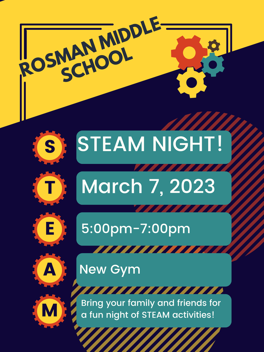 RosmanMiddle's tweet photo. STEAM Night 3/7/2023 New Gym from 5-7 https://t.co/xWvfy7GV3D