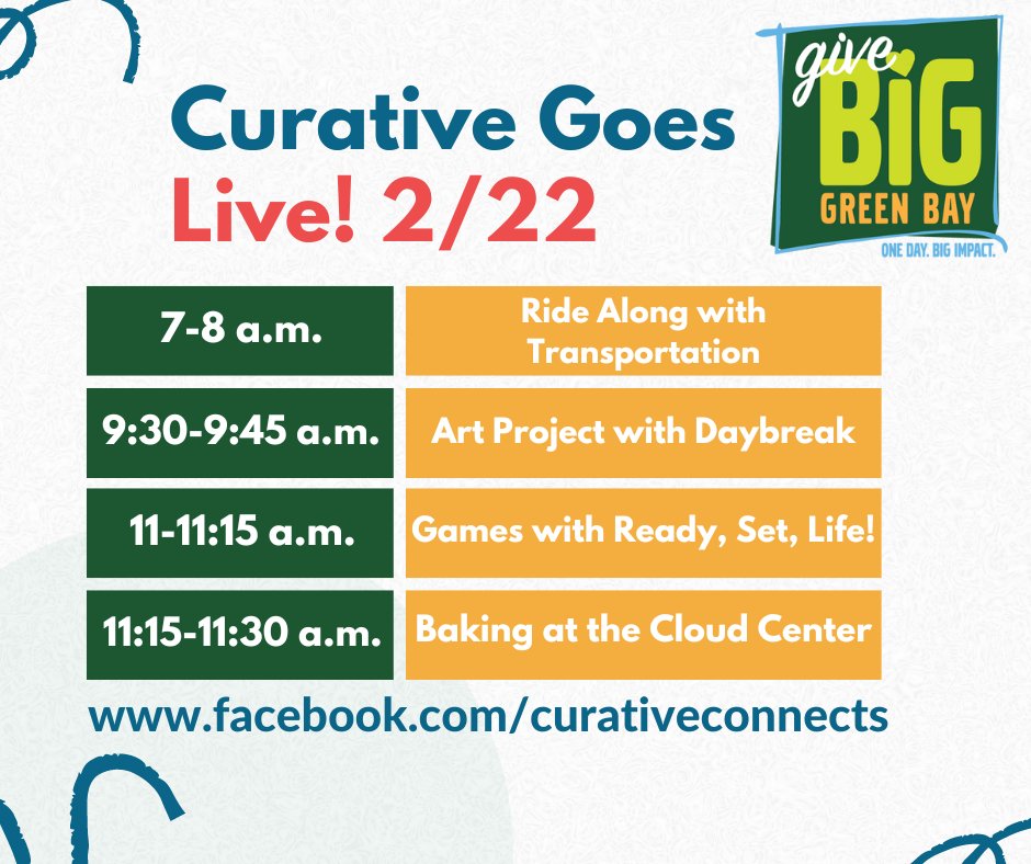 BIG news! Curative will be going live on Facebook tomorrow and Wednesday! Join our programs for during Give BIG Green Bay and learn more about what we do at Curative Connections. (1) #givebiggb
