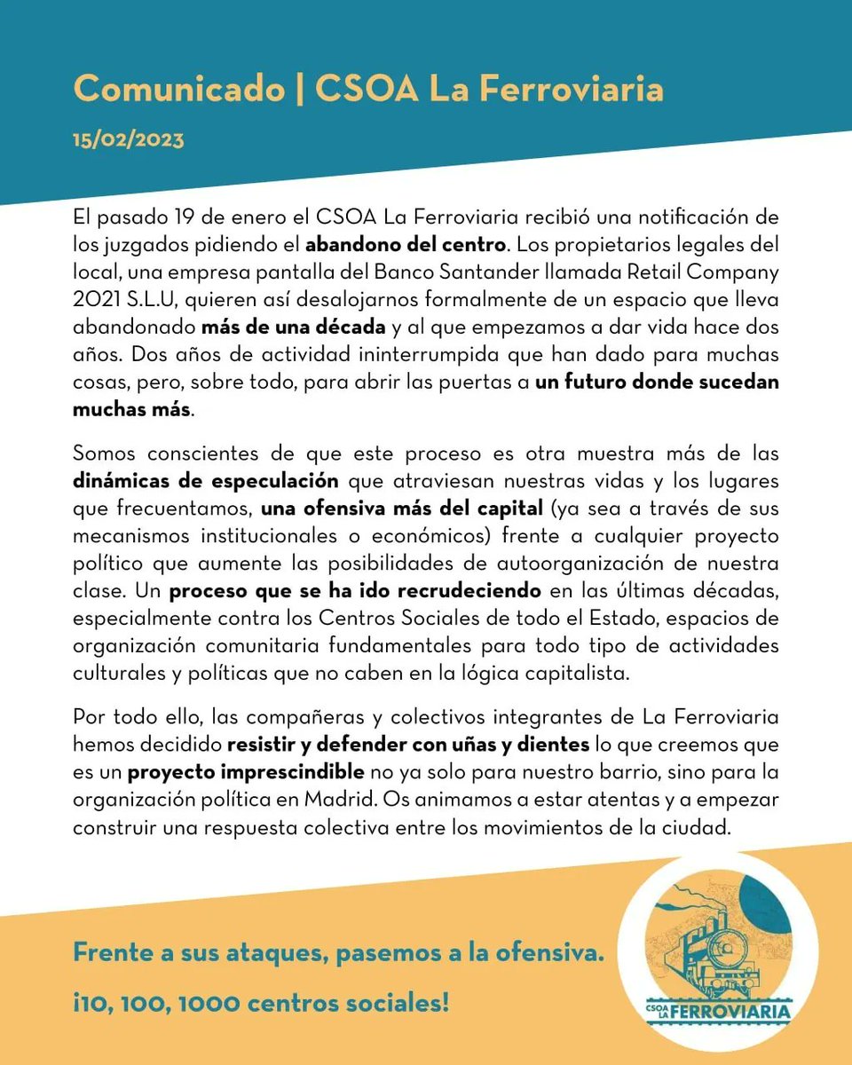 LaFerroviaria_'s tweet photo. ⚠️⚠️⚠️⚠️⚠️⚠️⚠️⚠️⚠️⚠️⚠️

COMUNICADO ACERCA DEL PROCESO DE DESALOJO QUE ESTÁ VIVIENDO LA FERROVIARIA 

Seguiremos informando y organizando una respuesta. Estad atentxs a redes. 

Frente a sus ataques, pasemos a la ofensiva. ¡10, 100, 1000 centros sociales! https://t.co/m35oWuJanP