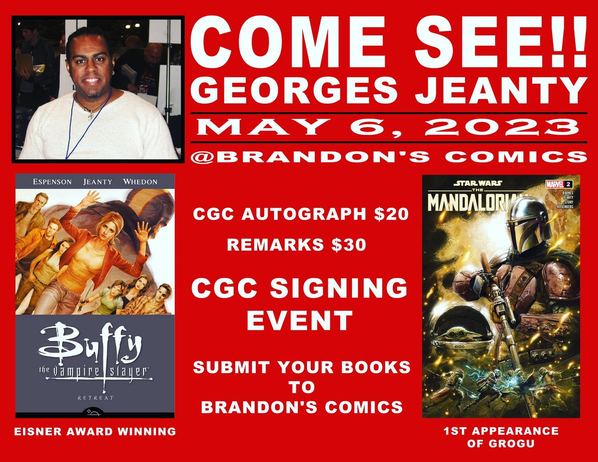 KabaLounge's tweet photo. Join me for a #FreeComicBookDay CGC Signing Event at Brandon's Comics, The Best Comic Book Store and CGC Retailer in Arizona! May 6, 2023!
More details: https://t.co/561tygKBnI
#georgesjeanty #kabalounge #themandalorian #buffy #FCBD #freecomicbookday2023 #cgcsigning #cgcgrading https://t.co/SB5XIa0vzl