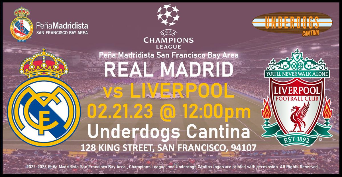 madridistasSF's tweet photo. Don’t have anywhere to watch tomorrow’s epic match vs Liverpool?!? Come out to #underdogscantina as we watch our beloved club have another magical run. Hala Madrid!! #MadridistasSF #MadridismoUSA https://t.co/JKKckvbAVl