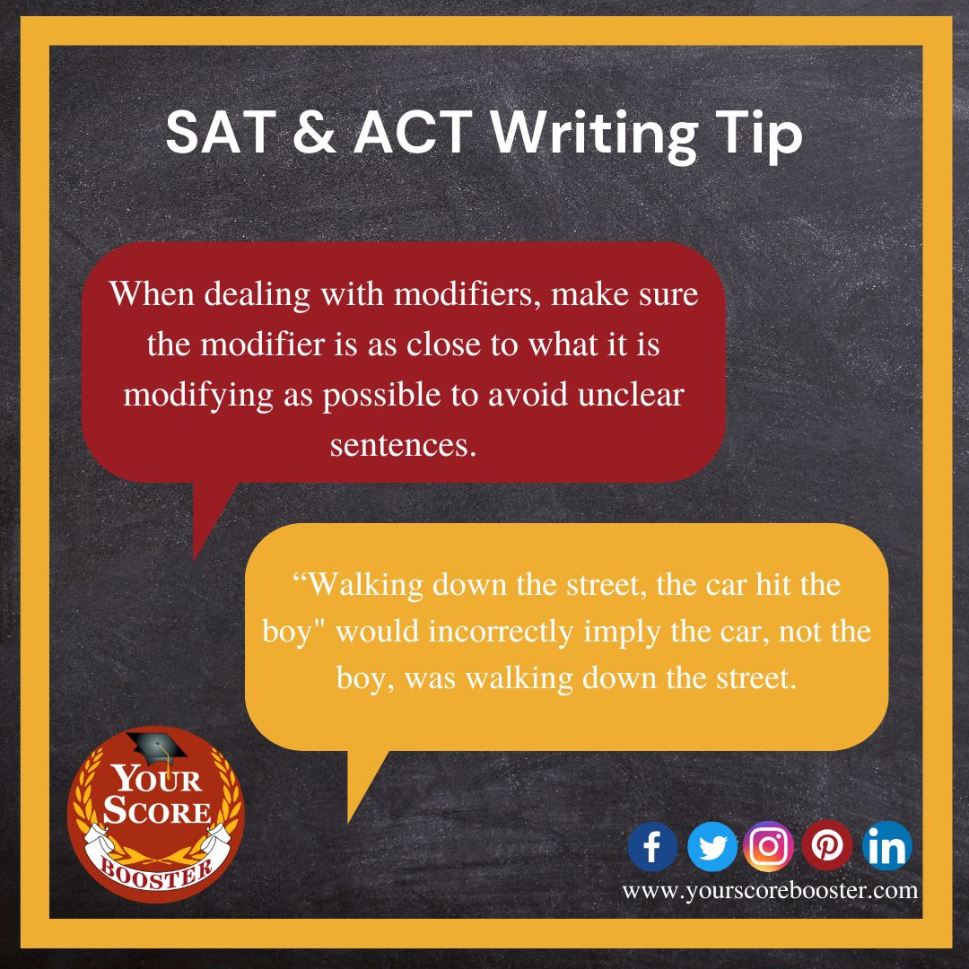SATACTBooster's tweet image. Modifiers should be close to the words they are modifying to ensure clear meaning. #modifier #language #words #learning #SAT #ACT #Tips