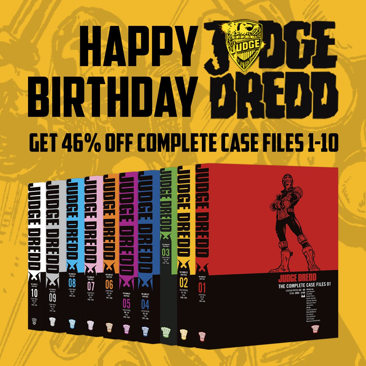 Happy birthday, Judge Dredd! Celebrate 46 years of the Ultimate Lawman of the Future with 46% off The Complete Case Files volumes 1-10 in our birthday sale ➡️➡️➡️ bit.ly/3wIB9rw