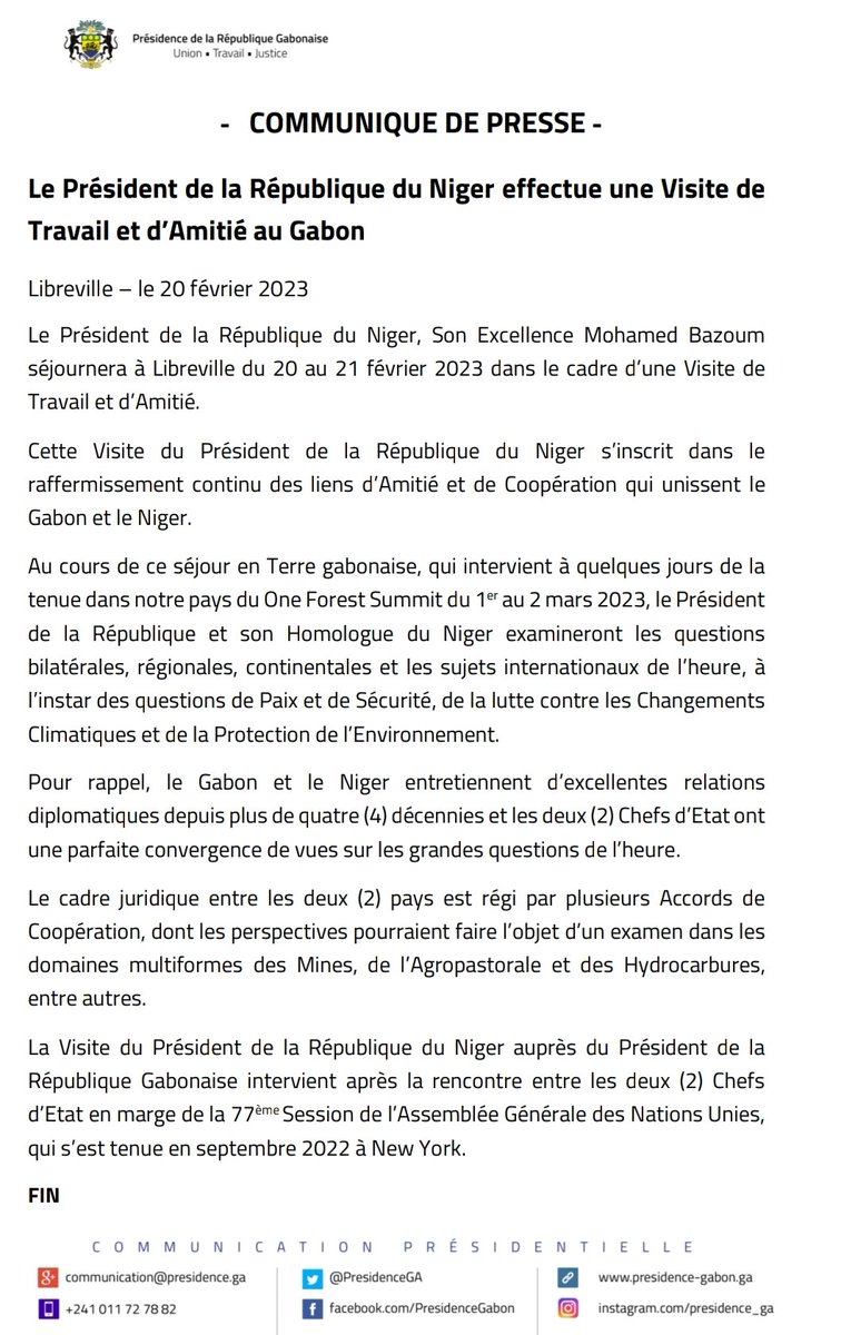 tvgabon24's tweet photo. #Gabon 🇬🇦 diplomatie : la @PresidenceGA annonce la venue du Président de la République du Niger 🇳🇪, S.E. Mohamed Bazoum
#ComPR #Gabon24 https://t.co/6QOBTeZm2o