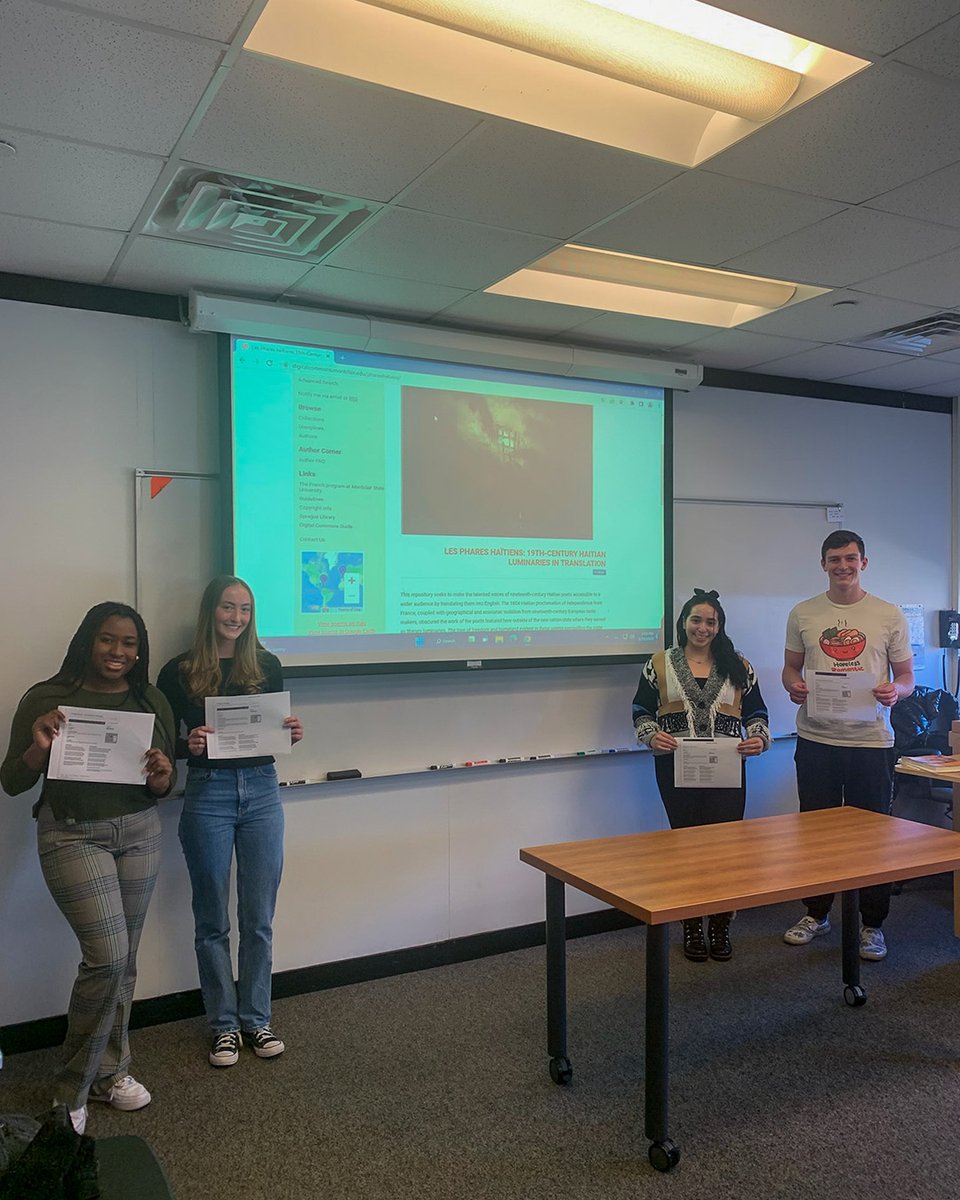Stockton_edu's tweet photo. For today’s #OspreyShoutout, we’re highlighting an entire class! 🦅💙 Advanced French students partnered with @montclairstateu Digital Commons to translate 19th-century Haitian poems. 🇭🇹🇫🇷 To check them out under the Events tab: https://t.co/bGfJmDCNRl! https://t.co/IGaBRt4Qve