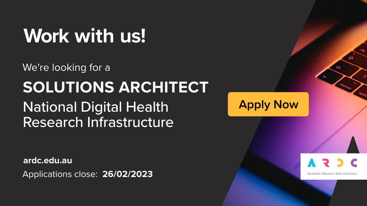 We're #hiring!
🙋Join the ARDC team as a Solutions Architect in shaping the digital research infrastructure for #HealthResearch &amp; research translation. The role can be based in Melbourne, Canberra, Sydney or Brisbane. Apply by 26 Feb: bit.ly/ARDCSolutionsA…  

<a href="/TheInstituteDH/">Australasian Institute of Digital Health (AIDH)</a>