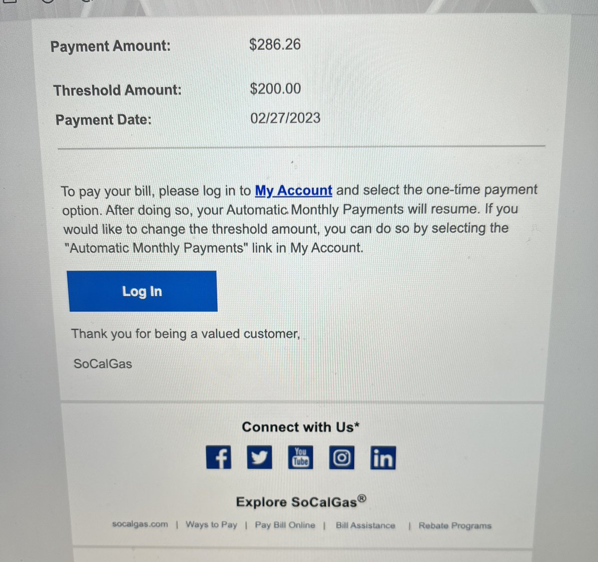 #socalgas is crippling Californians from a gas bill of $60 to $286 with a very small change in usage, a 476% increase. <a href="/AGRobBonta/">Rob Bonta</a> <a href="/GavinNewsom/">Gavin Newsom</a>  please do something about price gouging and fraud. <a href="/socalgas/">SoCalGas</a>