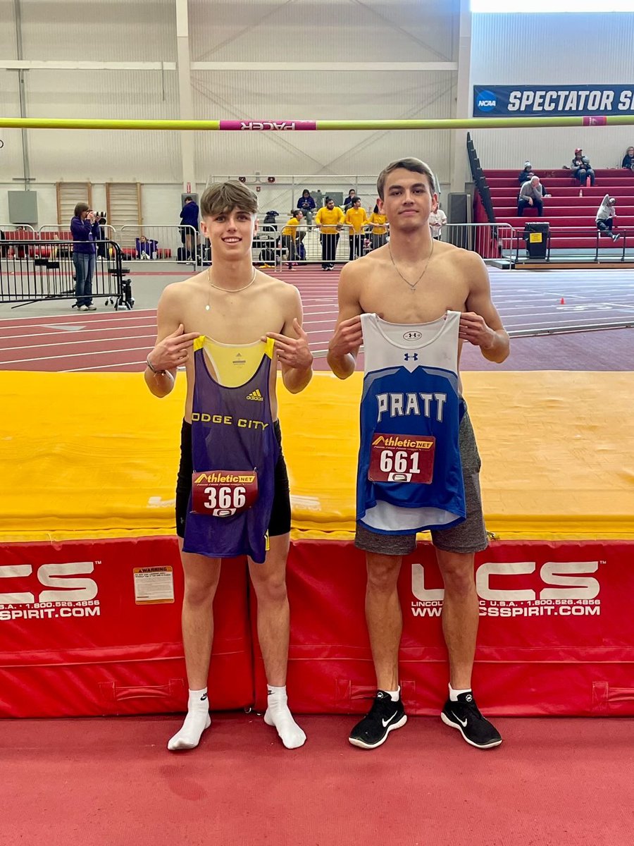 Two JUCO national qualifying high jumpers both formerly from the SPIAA league. Braden Colglazier of Pratt CC (Pawnee Heights HS, left) is the NJCAA Region 6 champion. Brayden Bergkamp of Dodge City CC (Hodgeman County HS, right) is a national qualifier.

Both will compete at the