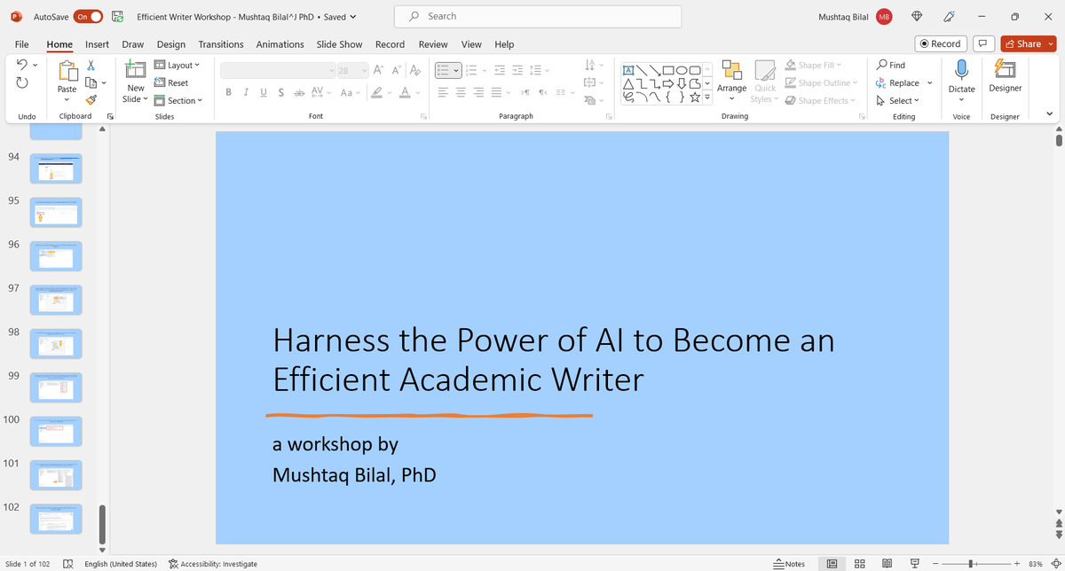 MushtaqBilalPhD's tweet photo. Slide deck for my upcoming workshops on how to supercharge your academic writing with the help of AI-powered apps is almost ready.

Register below if you haven't already.

After the workshop, you will get the video recording and a PDF of the tutorial.

https://t.co/Ex9TK8xkAk https://t.co/jKlcHEo7Js