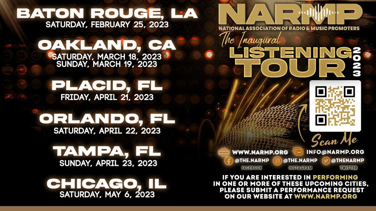 The Inaugural Listening Tour 2023 is making its way to a city near you! If you are an independent recording artist looking to perform, please note that there is NO FEE required to perform, but you must submit a performance request on our website at: NARMP.org/performance