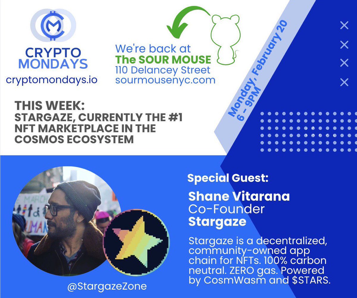 We’re lucky to have Shane from <a href="/StargazeZone/">Stargaze ✨🔭</a> with us tonight at <a href="/sourmousenyc/">Sour Mouse</a>. Join us for a fireside chat and some Q&amp;A about NFTs and community ownership on <a href="/cosmos/">Cosmos - The Interchain ⚛️</a>.
#cosmos #NFT #NFTartist