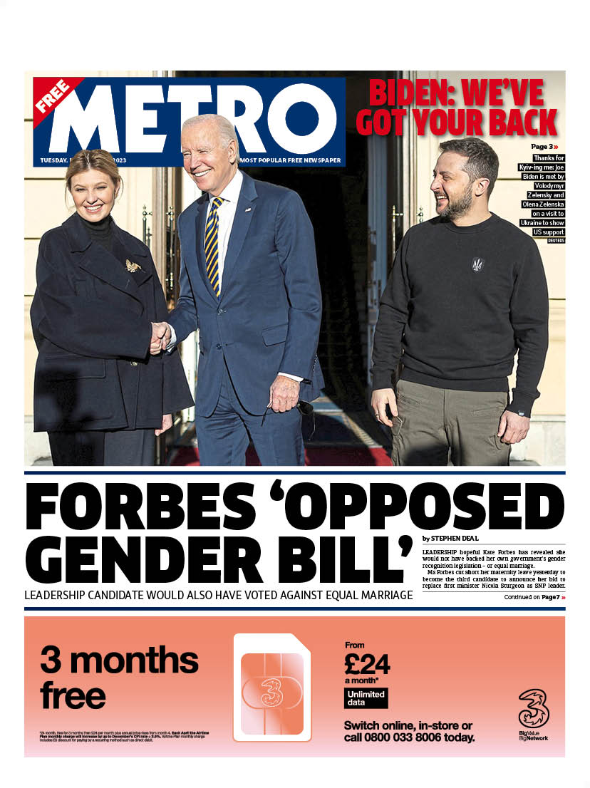 Tuesday's front page 

FORBES ‘OPPOSED
GENDER BILL’

🔴 Leadership candidate would also have voted against equal marriage

#TomorrowsPapersToday  #scotpapers