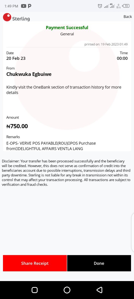 EgbuiweC's tweet photo. @Sterling_Bankng I have been complaining of a transaction since Sunday. I was debited 750 for a POS purchase that was declined. Please revert my money. Please https://t.co/8gkoiJuXfF