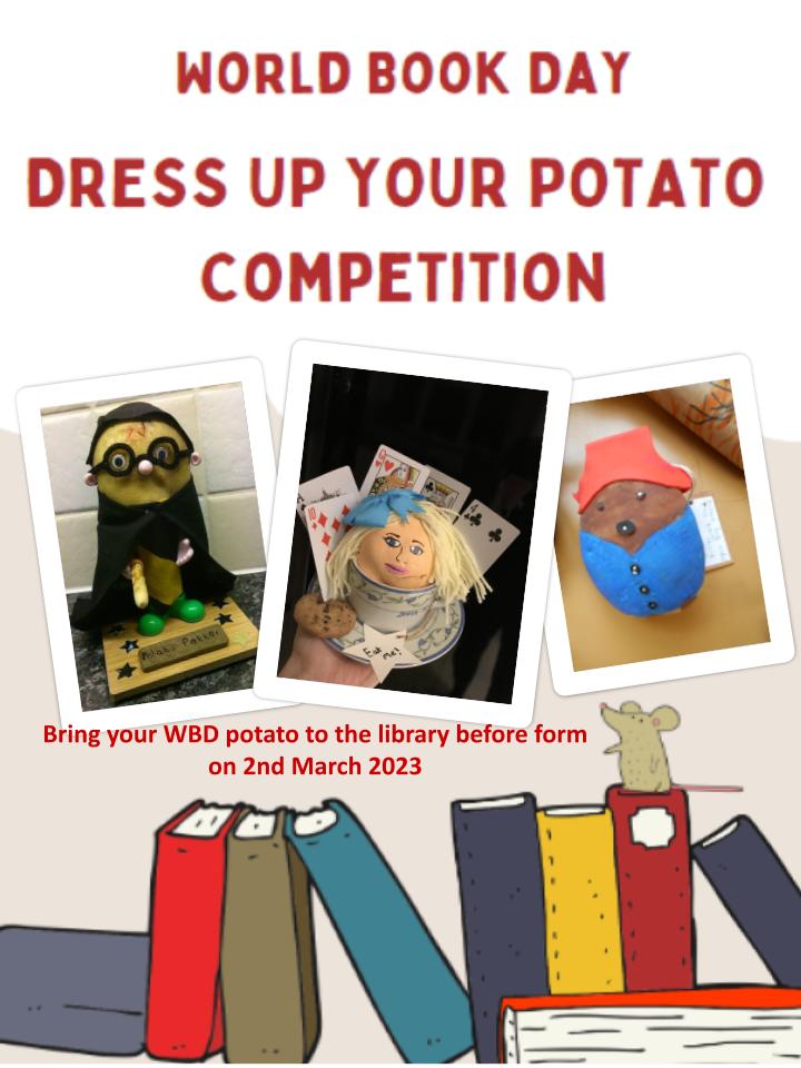 BarlbyLibrary's tweet photo. World book day competition @Barlby_High let your creativity flow. Potato book characters can be dropped off in the Library before form time on Thursday 2nd March. Why should eggs have all the fun! @Barlby_English @BHS_Creative @HopeSentamuLT https://t.co/d0Hecv814w
