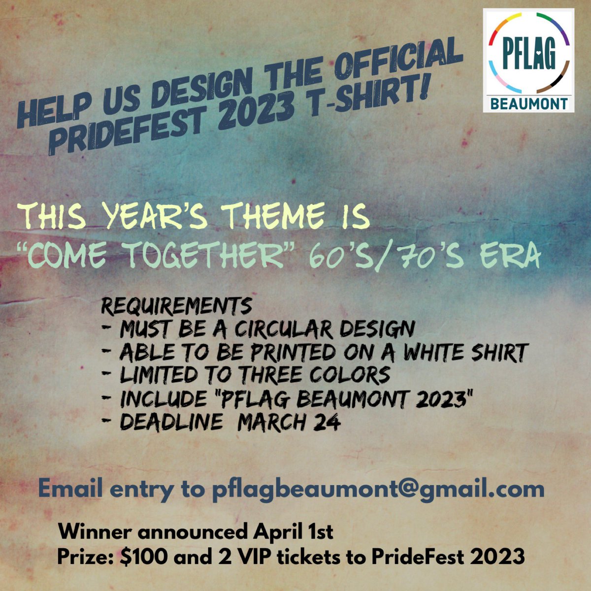 bmtpridefest's tweet photo. Hey!! You!! Are you a local artist looking to be more involved in PFLAG/Pride Fest?? Help us with our 2023 Logo! https://t.co/HvE35Cjetq