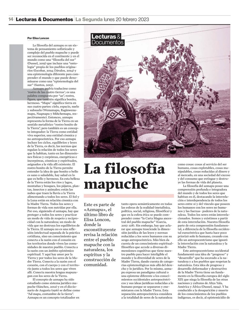 sebastian_gray's tweet photo. El tabloide vespertino publica un extracto del último libro de la Doctora en Humanidades y Literatura @ElisaLoncon: "Azmapu, aportes de la filosofía Mapuche para el cuidado del Lof y la Madre Tierra" https://t.co/1OySC6oazA
