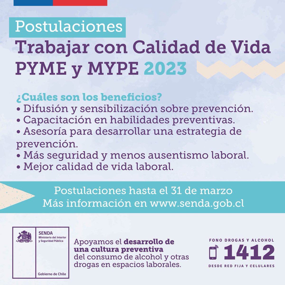 ¡Recuerda! El proceso de postulación del programa Trabaja con Calidad de Vida para PYME y MYPE 2023 está abierto🙌

¿Sabes cuáles son los beneficios de contar con este programa en tu organización?

Aquí te contamos más sobre este proceso ☝