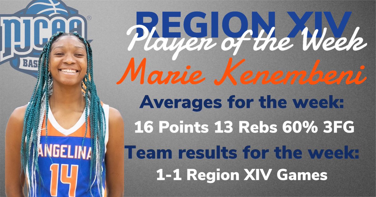 R14Wbb's tweet photo. Marie Kenembeni of @Lady_Runners is this week’s Region XIV Player of the Week! Marie posted games of 18 points, 12 rebounds and 14 points, 14 rebounds vs TVCC and Panola, respectively. Marie shot 44% overall, including 3-5 from 3 this week. https://t.co/BfIfjF6Qzw